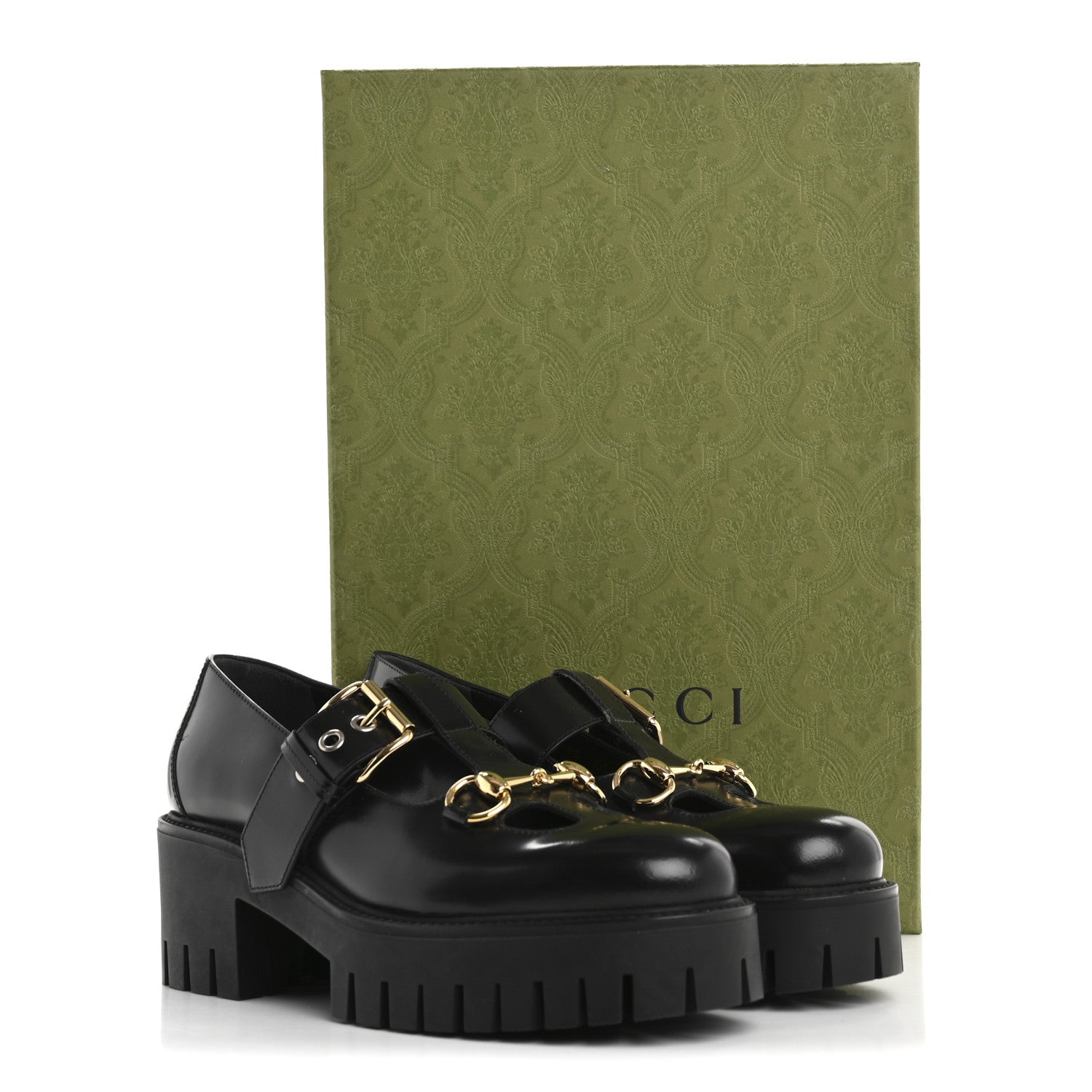 Gucci Calfskin Womens Horsebit Platform Chunky Lug Sole Mary Jane