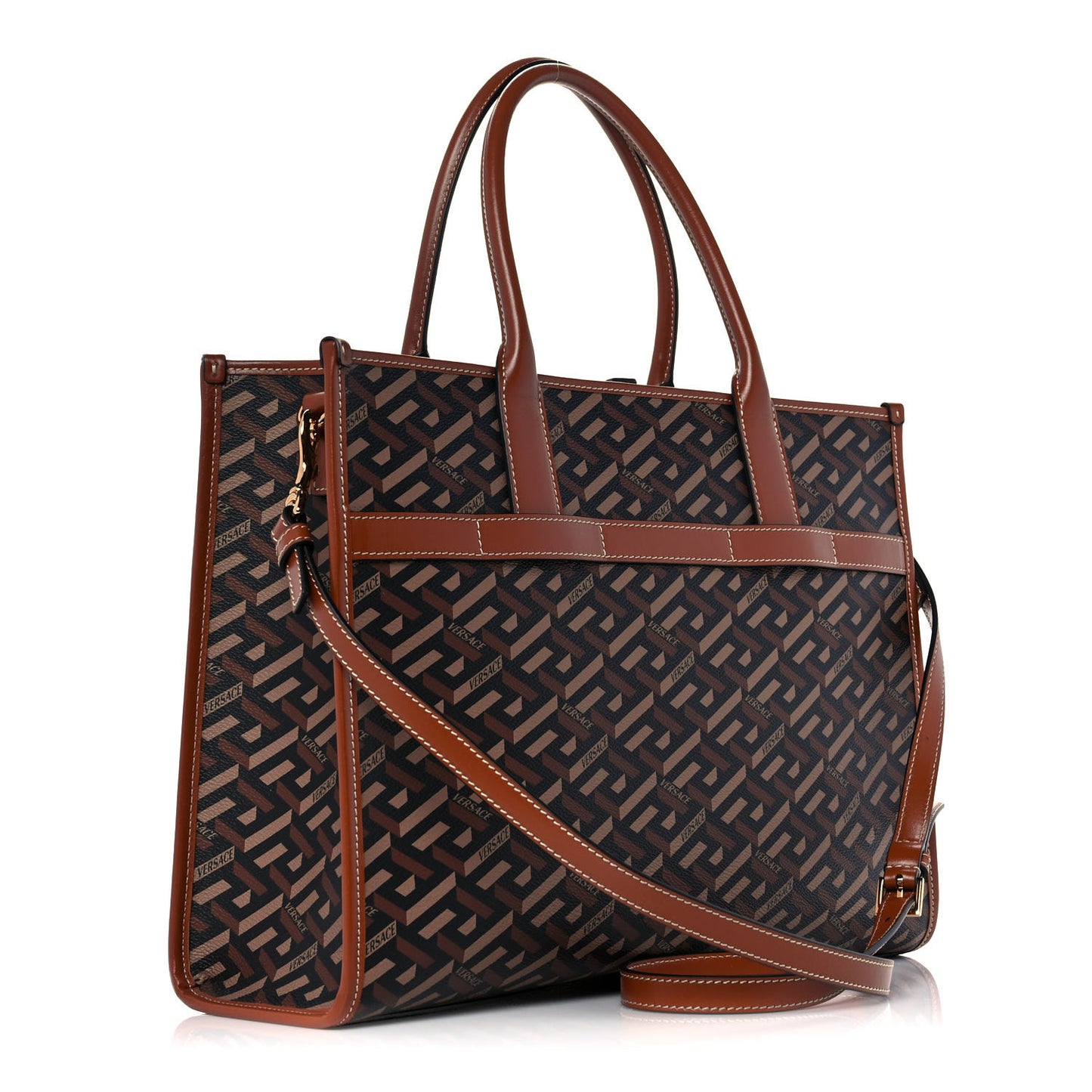 Coated Canvas Calfskin La Greca Signature Tote Bag Black Caramel