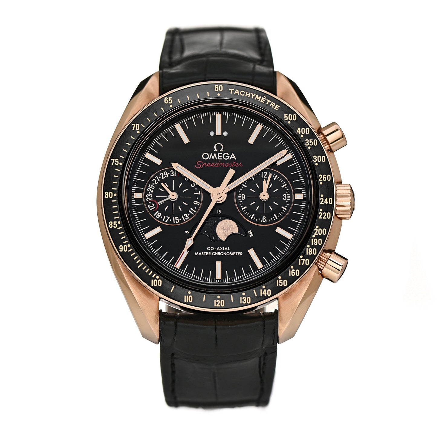 18K Sedna Gold Alligator 44mm Speedmaster Moonphase Chronograph Automatic Watch Black 304.63.44.52.01.001
