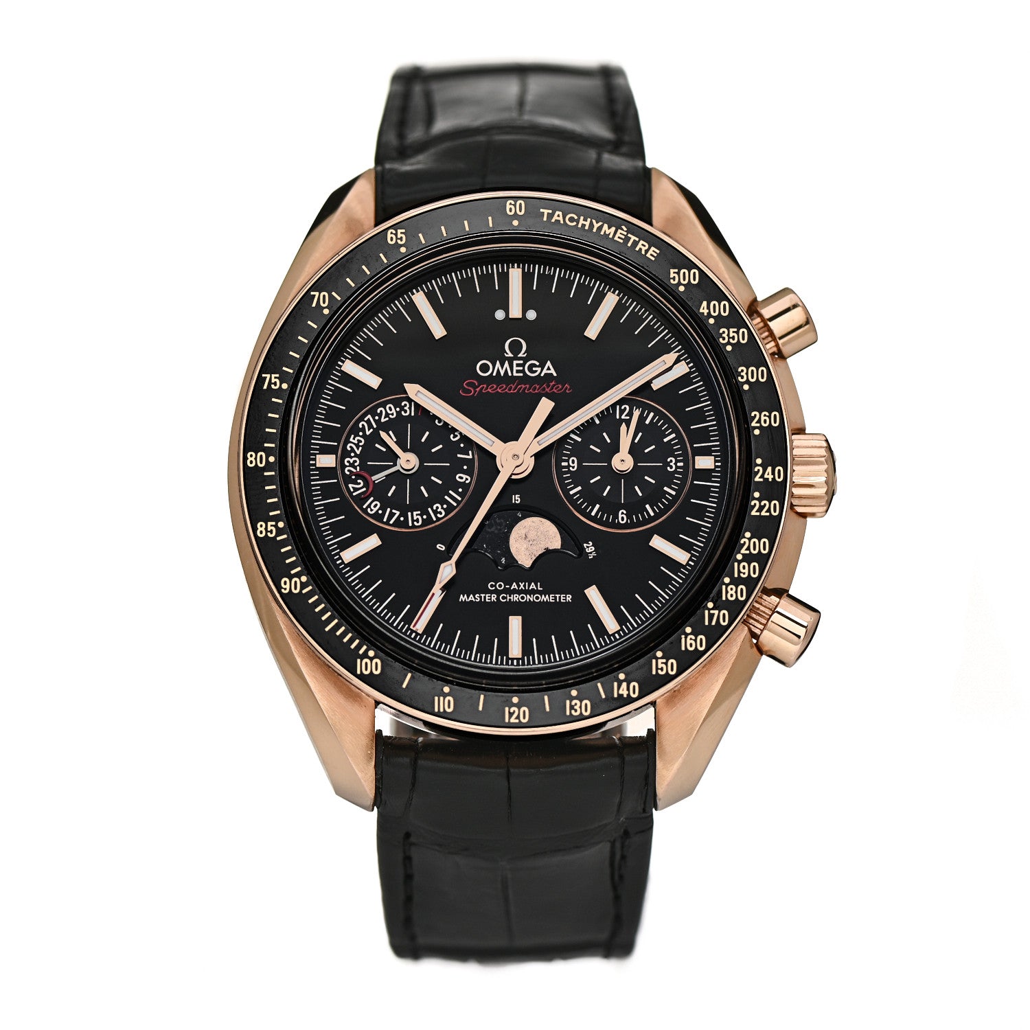 Omega 18K Sedna Gold Alligator 44mm Speedmaster Moonphase Chronograph Automatic Watch Black 304.63.44.52.01.001 1 of 4