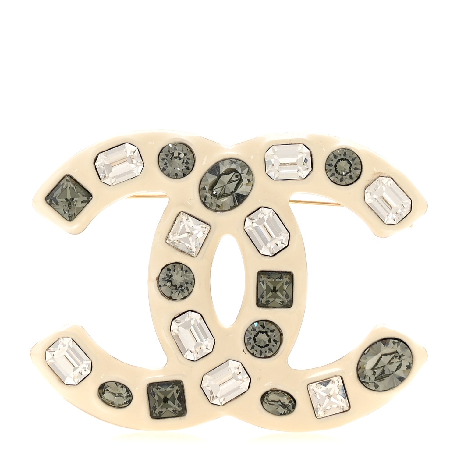 Chanel Crystal Enamel CC Brooch White Grey 1 of 3