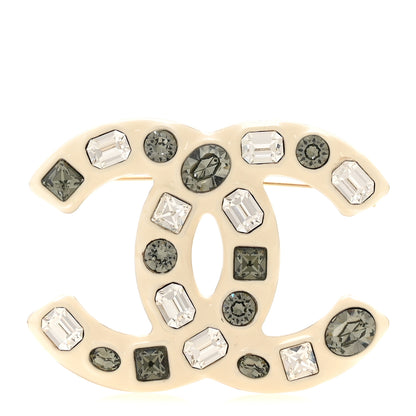 Chanel Crystal Enamel CC Brooch White Grey 1 of 3