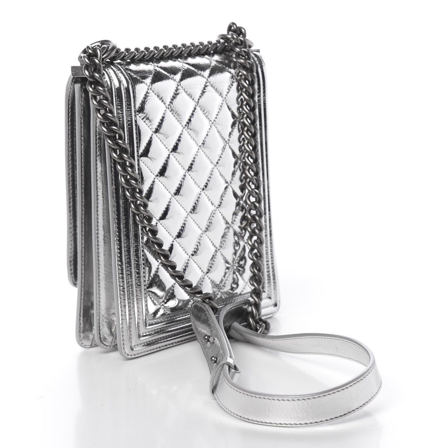 Metallic Goatskin Quilted North South Boy Flap Silver