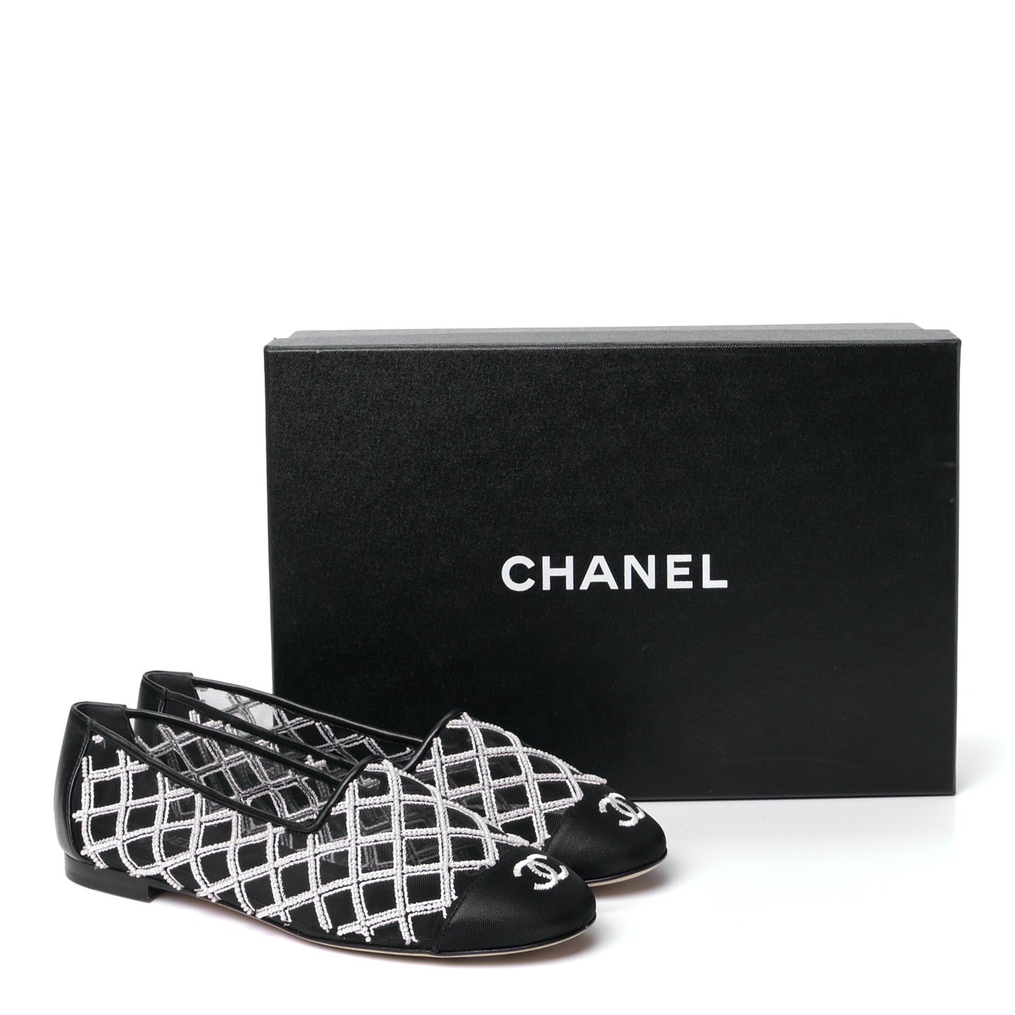 Mesh Pearl Grosgrain Cap Toe CC Loafers 36.5 Black Ivory