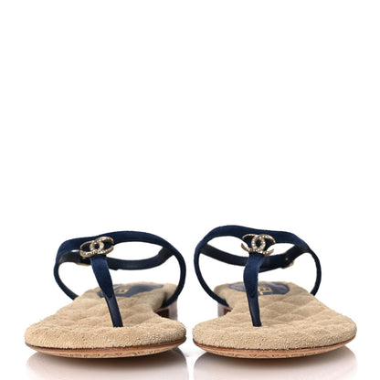 Chanel Suede Crystal CC Thong Sandals 39.5 Navy 3 of 13