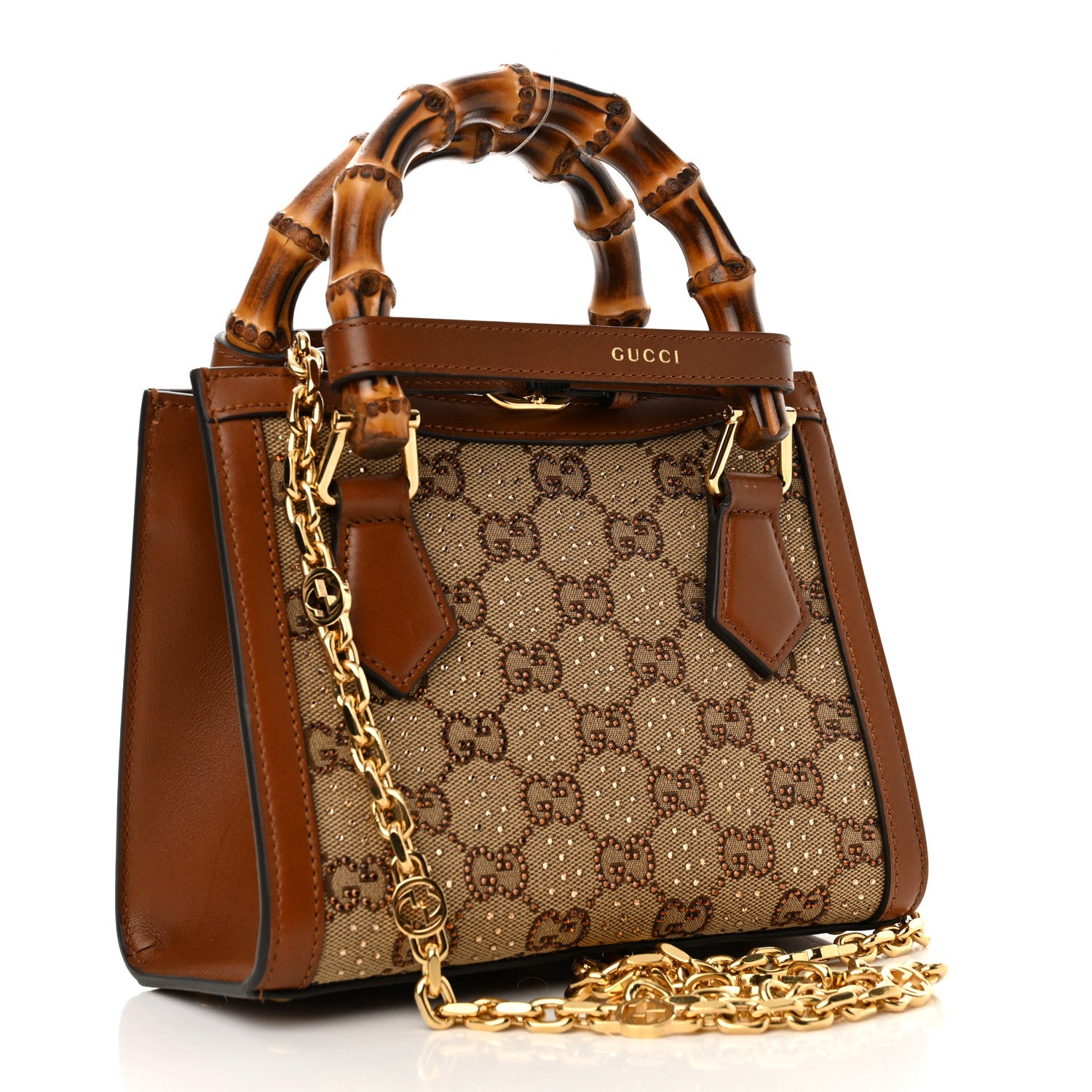 Gucci New Canvas Charisma Calfskin Crystal GG Monogram Mini Diana Tote Bag Camel Ebony 3 of 13