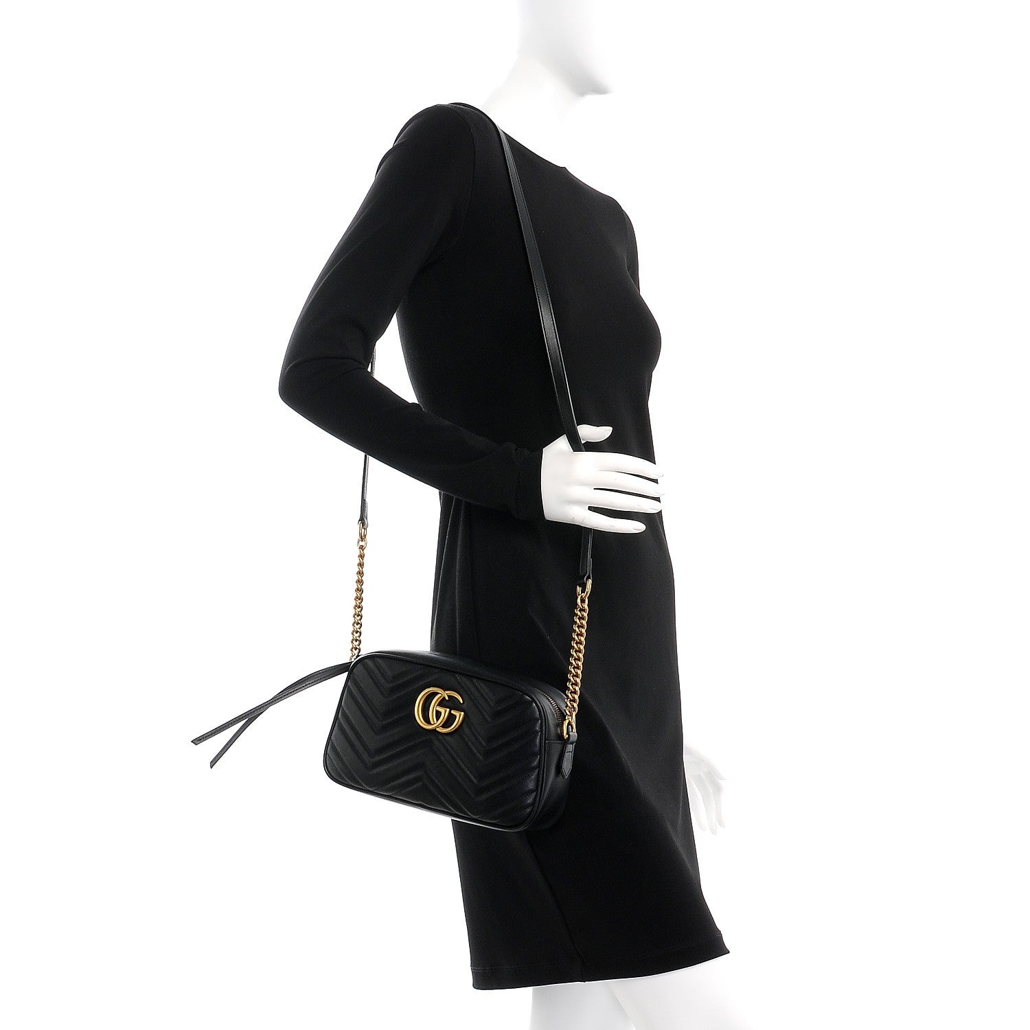 Gucci Calfskin Matelasse Small GG Marmont Chain Shoulder Bag Black 2 of 7