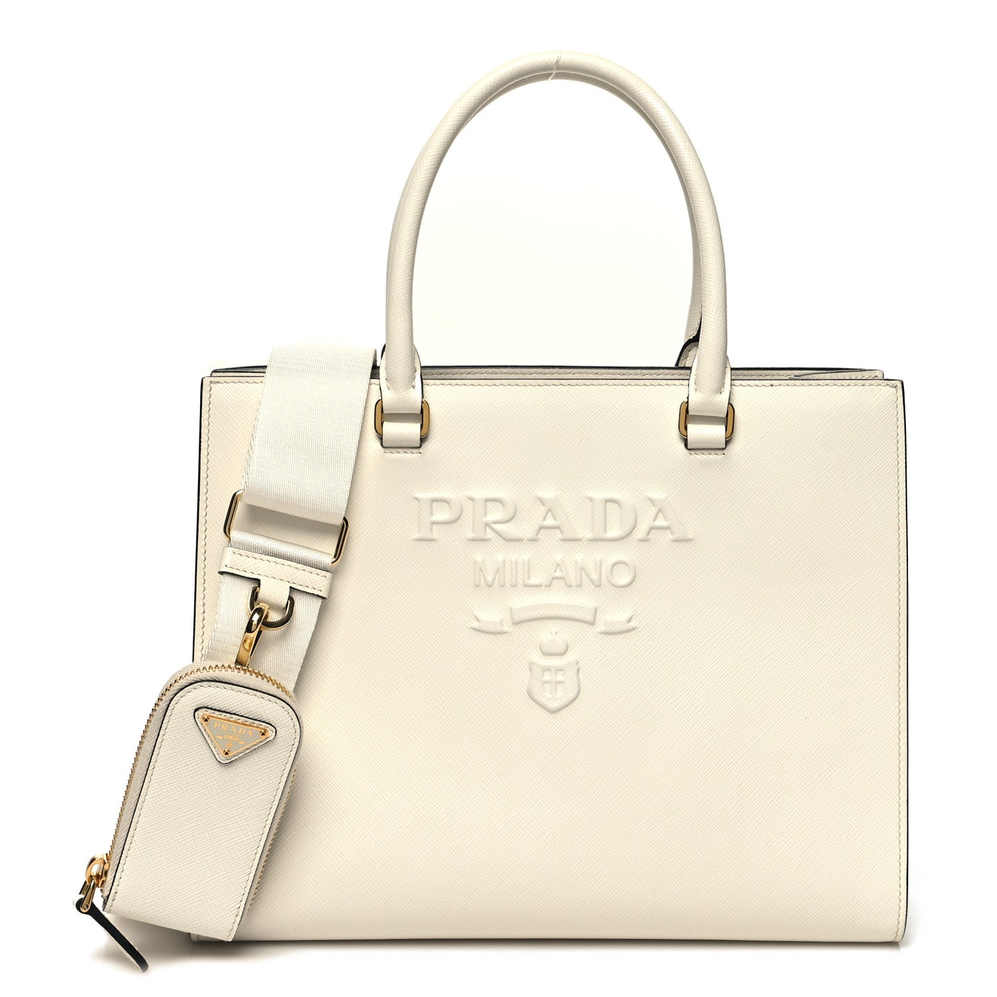 Saffiano Lux Logo Embossed Medium Shoulder Tote Handbag White