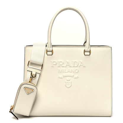 Prada Saffiano Lux Logo Embossed Medium Shoulder Tote Handbag White 1 of 9
