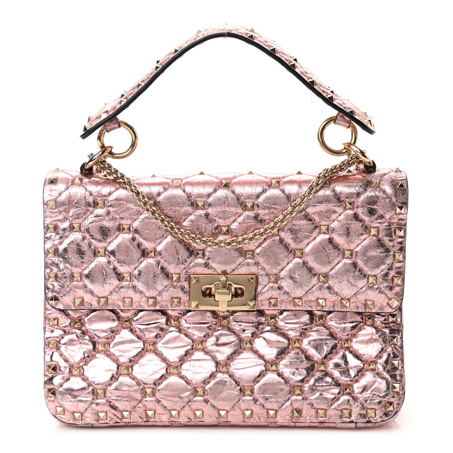 Valentino Garavani Metallic Wrinkled Lambskin Medium Rockstud Spike Shoulder Bag Lipstick 1 of 10