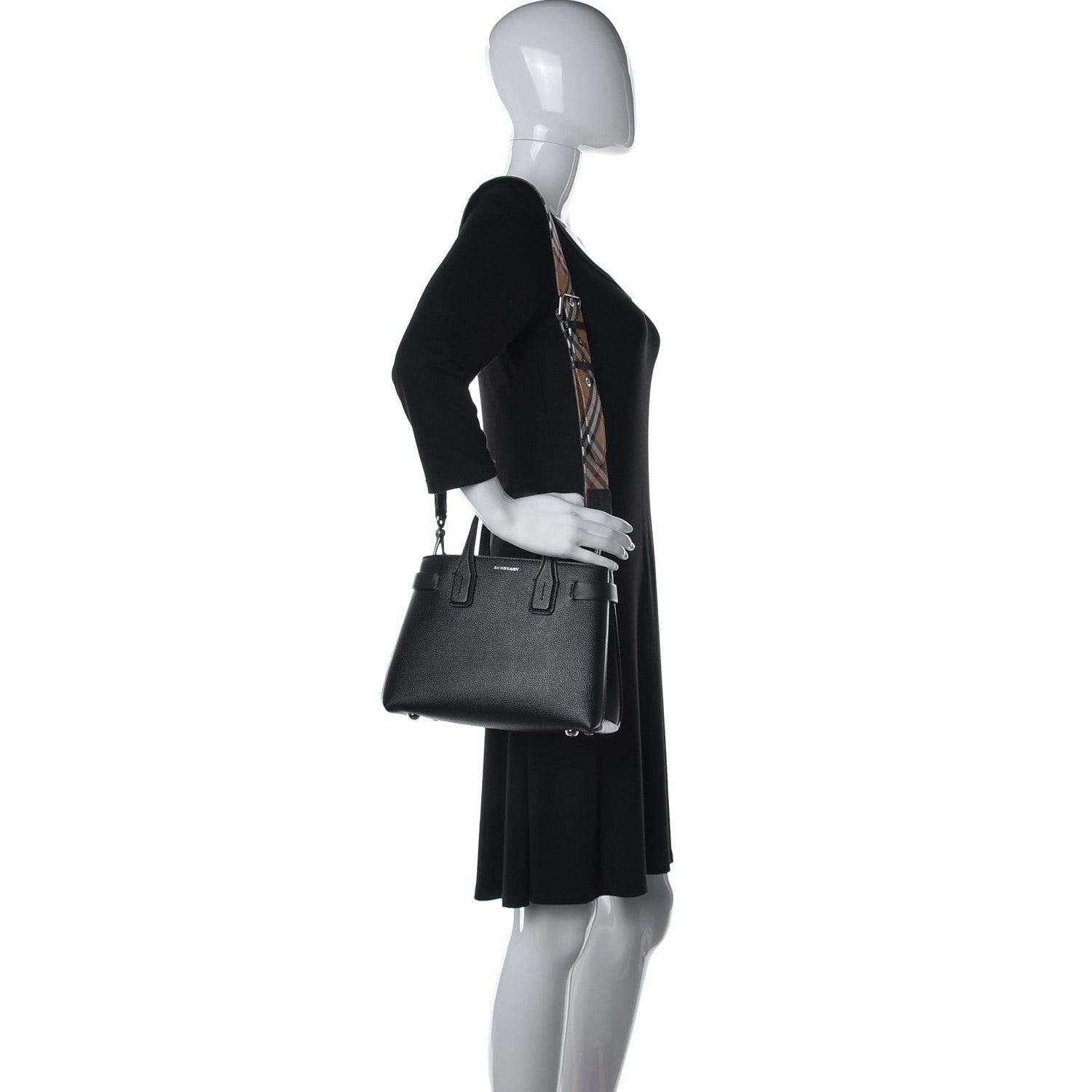Burberry Grainy Calfskin House Check Small Banner Tote Black 3 of 11
