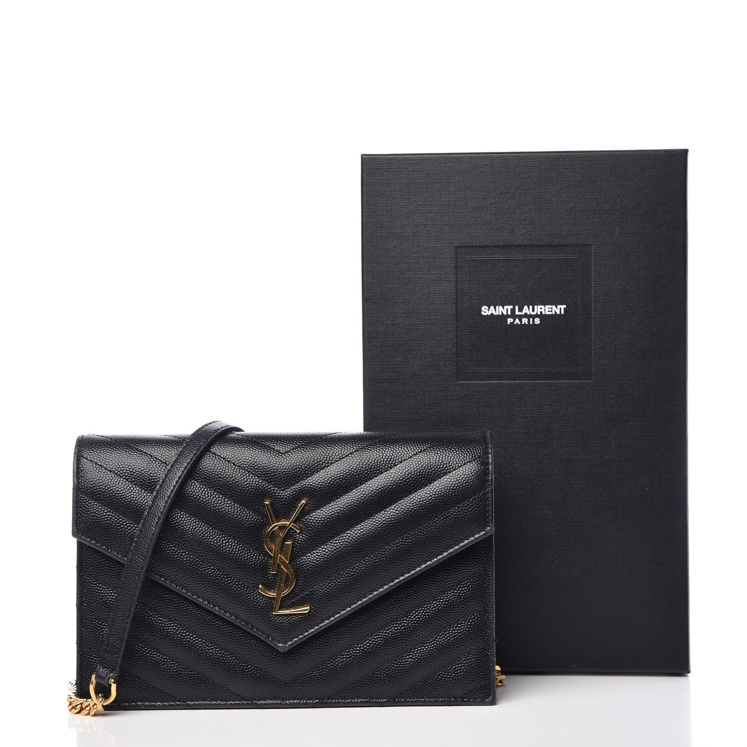 Saint Laurent Grain De Poudre Matelasse Chevron Monogram Envelope Chain Wallet Black 17 of 17