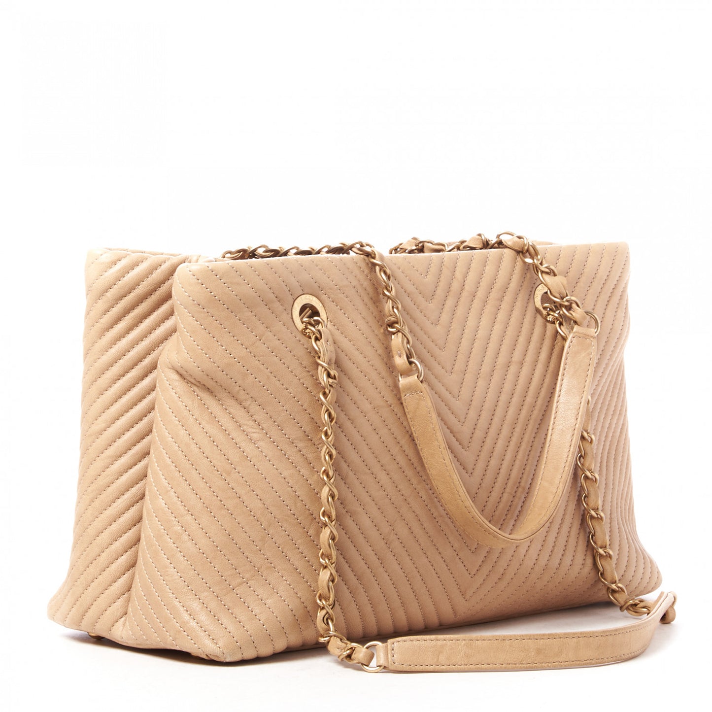 Wrinkled Lambskin Chevron Quilted Surpique Tote Beige