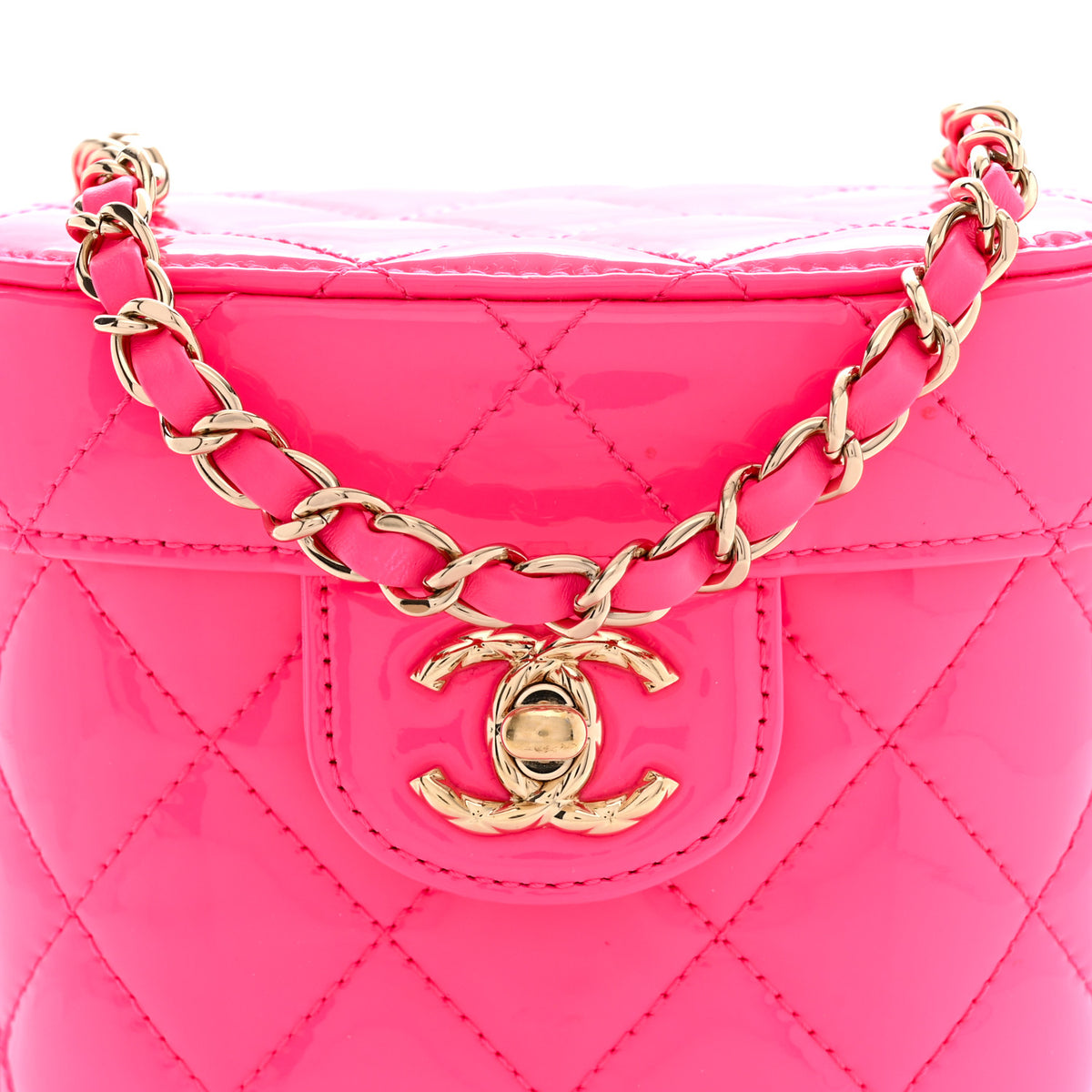 Chanel Patent Quilted CC Vani-Tea Case With Chain Neon Pink 8 of 11