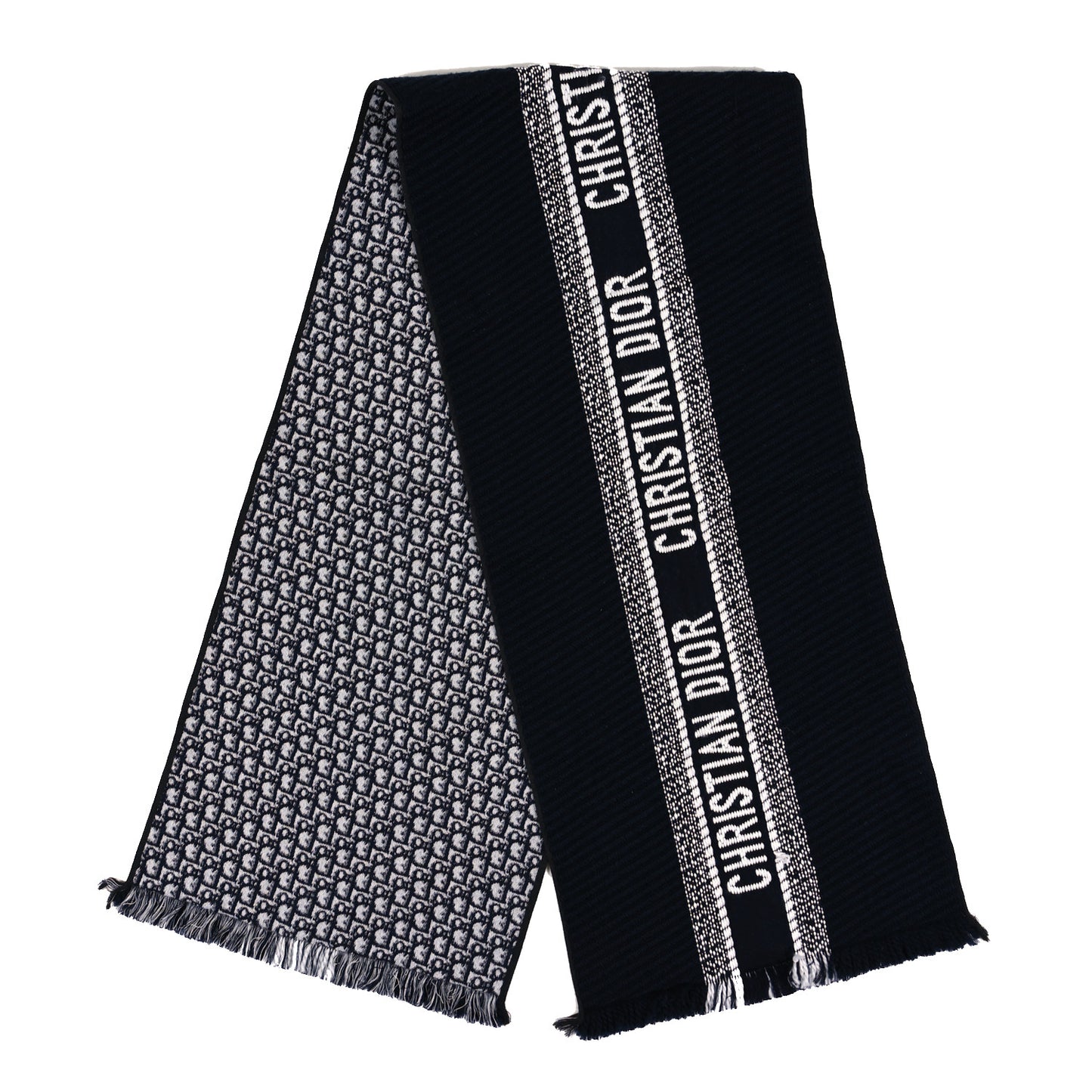 Wool Silk Oblique University Reversible Scarf Navy Blue