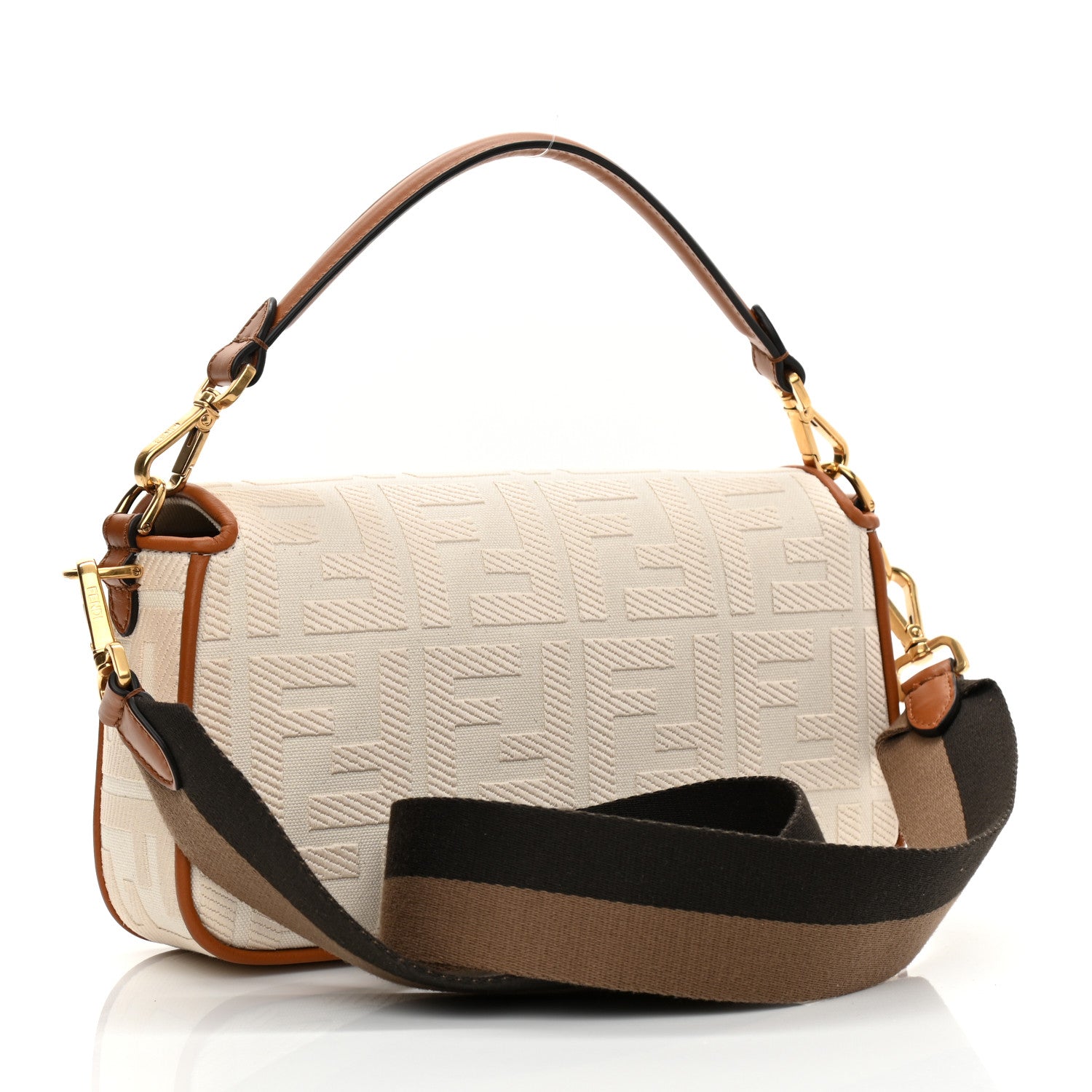 Fendi Canvas Vitello King Bi-Color Strap FF Embroidered Baguette Grezzo Brandy Cuoio 3 of 7