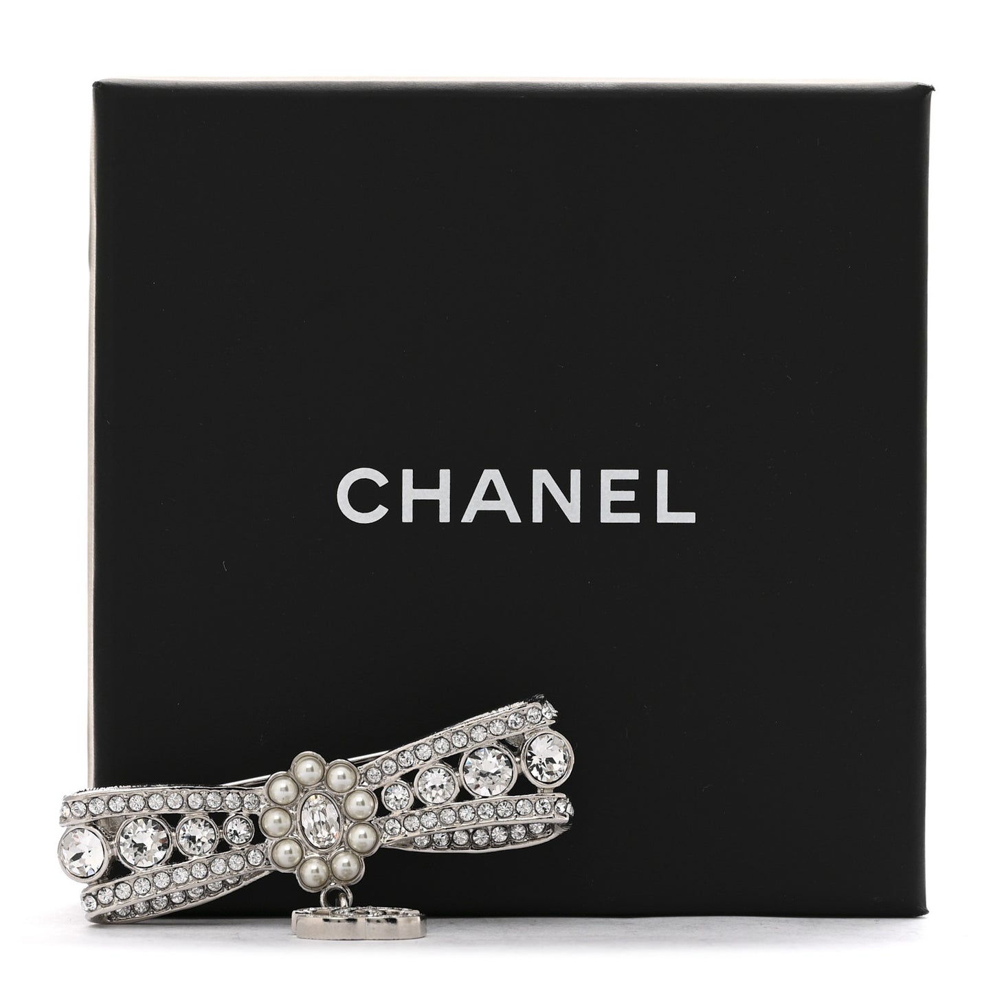Metal Pearl Crystal CC Bow Brooch Silver
