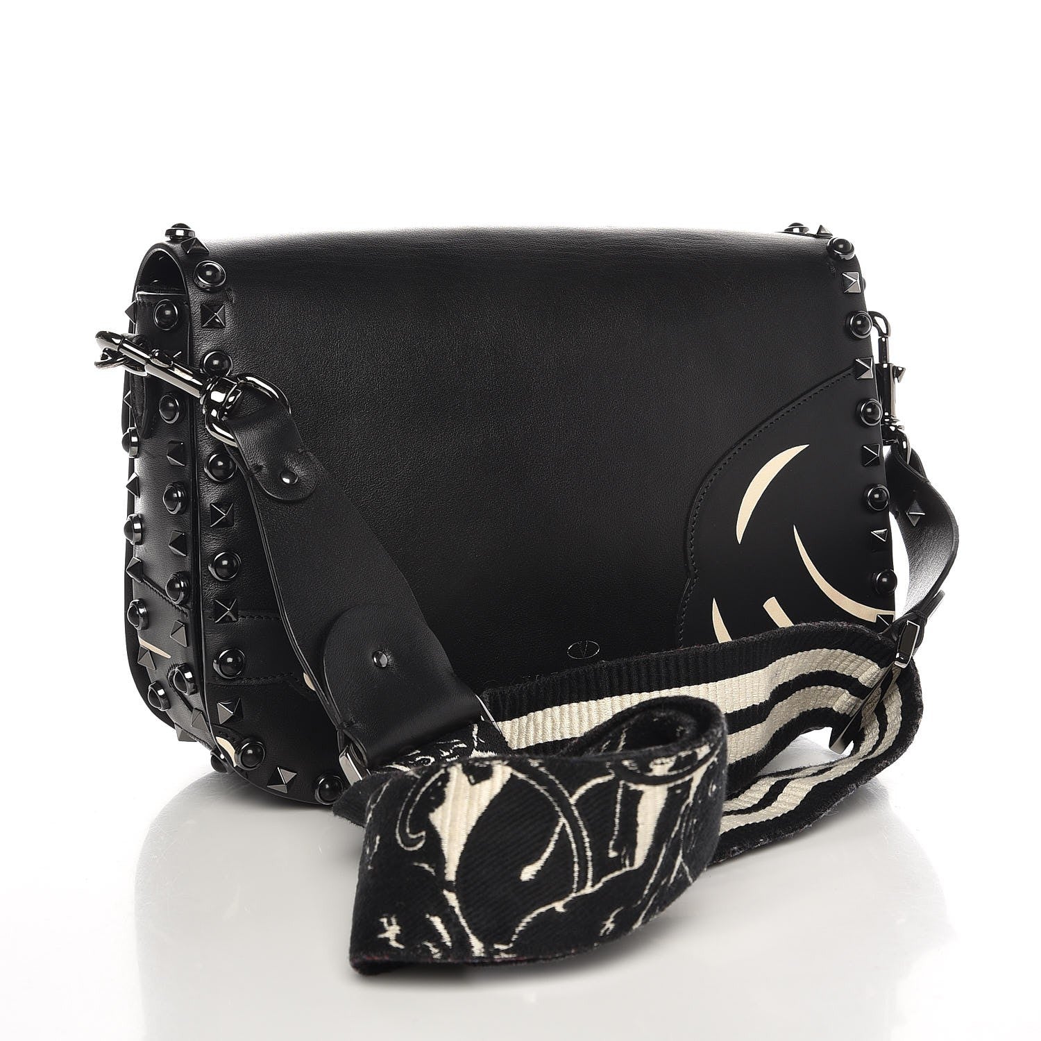 Valentino Garavani Calfskin Panther Medium Guitar Strap Rockstud Rolling Flap Saddle Bag Black 3 of 7
