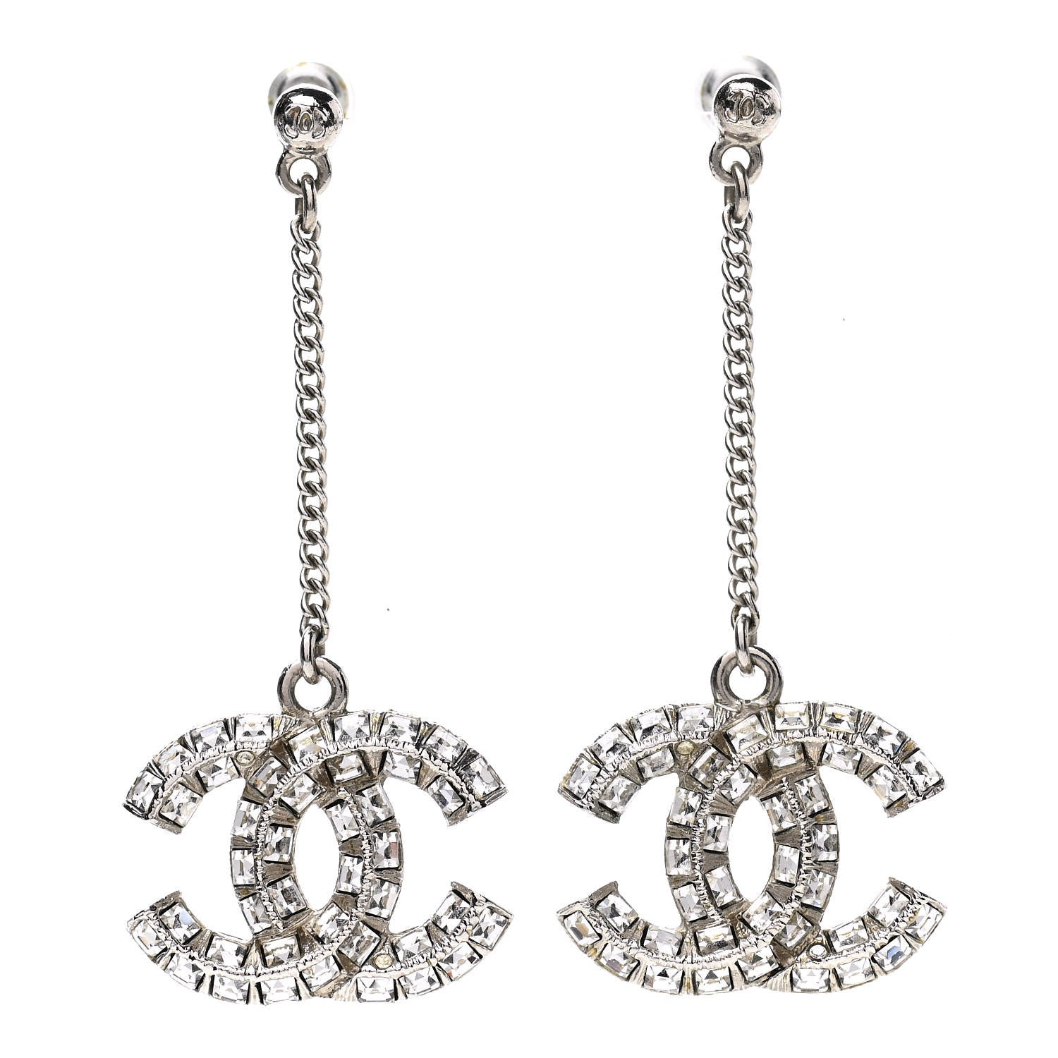 Chanel Baguette Crystal CC Drop Earrings Silver 1 of 3