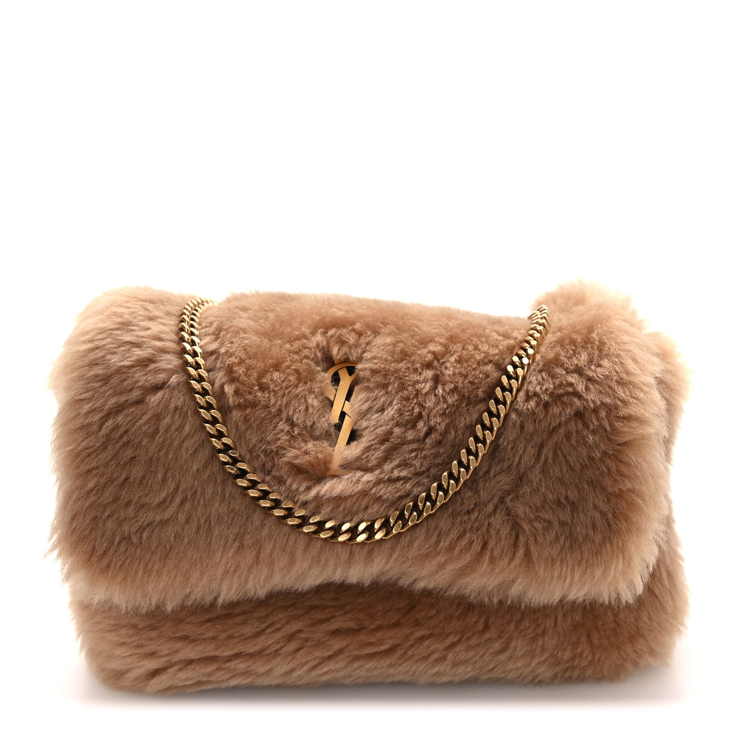 Shearling Calfskin Small Reversible Monogram Kate Satchel Ecru Dark Brown
