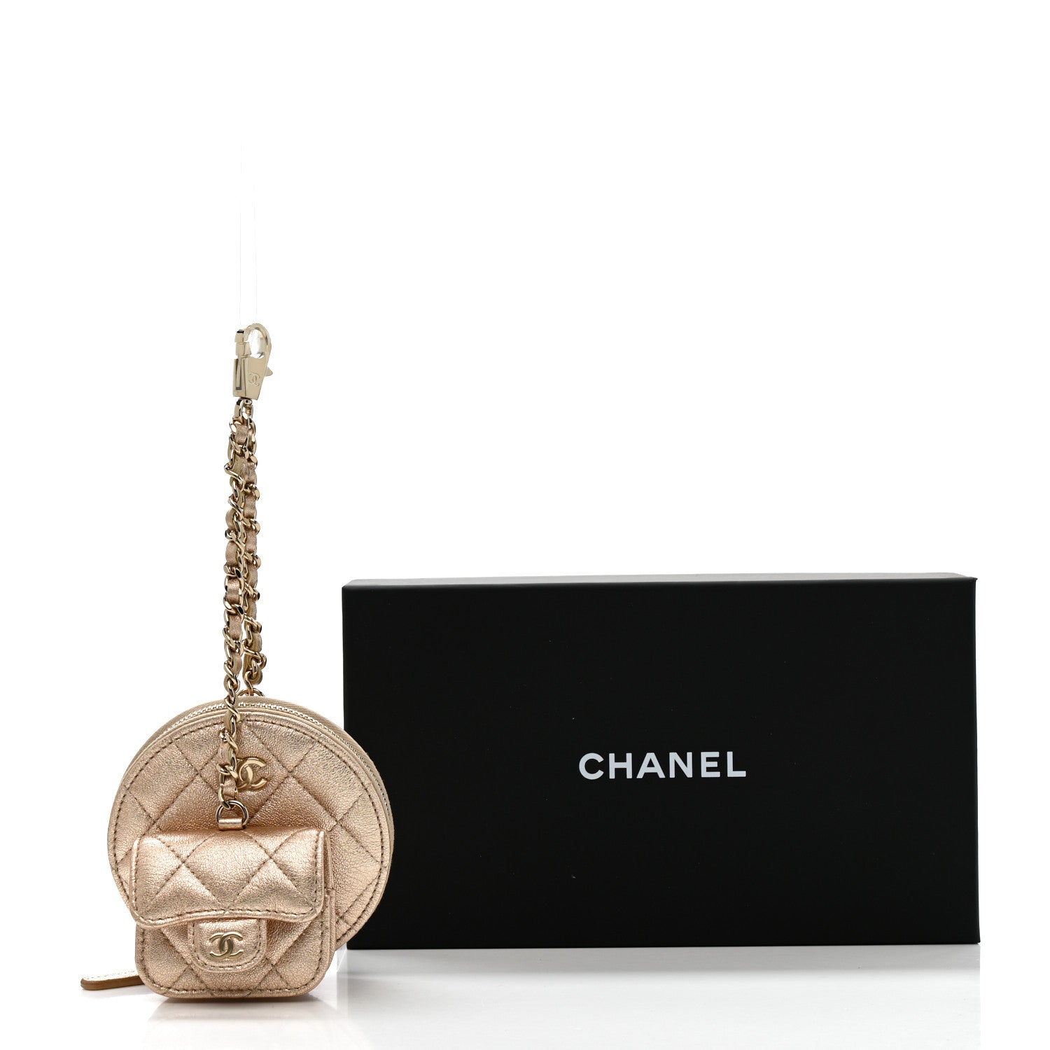 Chanel Metallic Lambskin Quilted Round Clip On Coin Purse Airpods