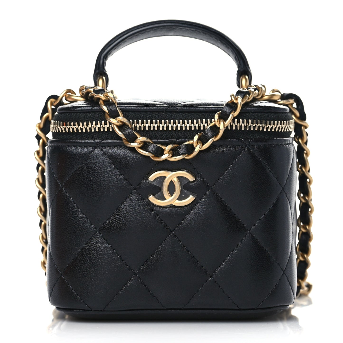 Lambskin Quilted Top Handle Mini Vanity Case With Chain Black