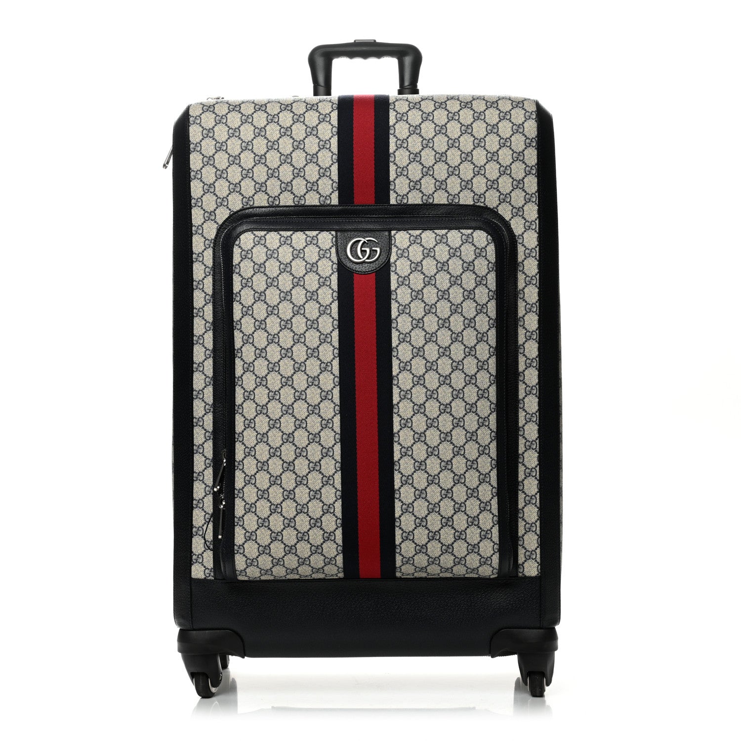 image of GUCCI GG Supreme Monogram Textured Dollar Calfskin Web Large Savoy Trolley Suitcase in the colors Beige and Blue by FASHIONPHILE