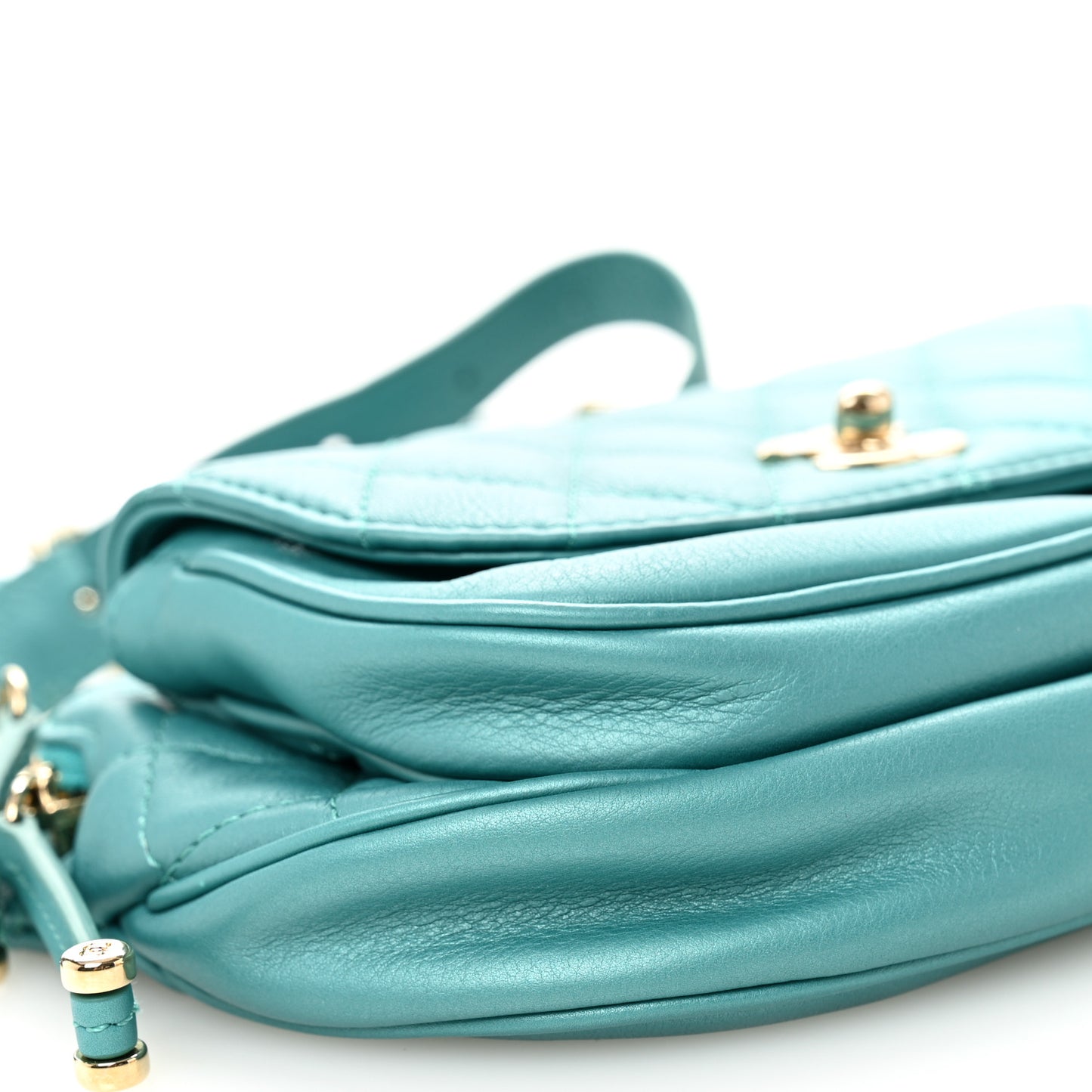 Metallic Calfskin Flap Chain Waist Bag Turquoise