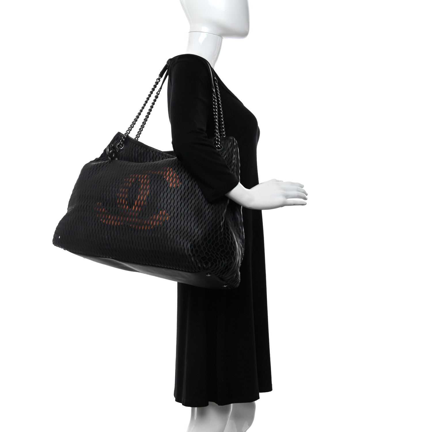 Chanel Calfskin Laser Cut Perforated CC Tote Black 3 of 6