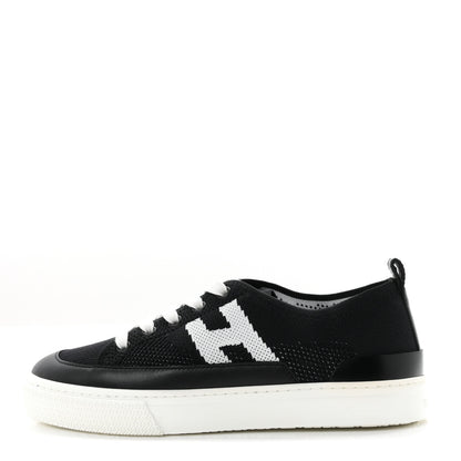 Hermes Knit Fabric Calfskin Deep Sneakers 36.5 Black White 1 of 9