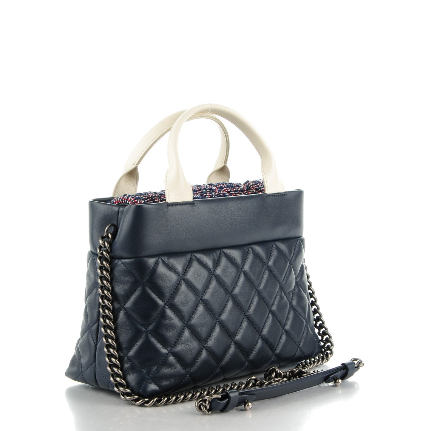 Calfskin Tweed Quilted Small Tote Navy Multicolor