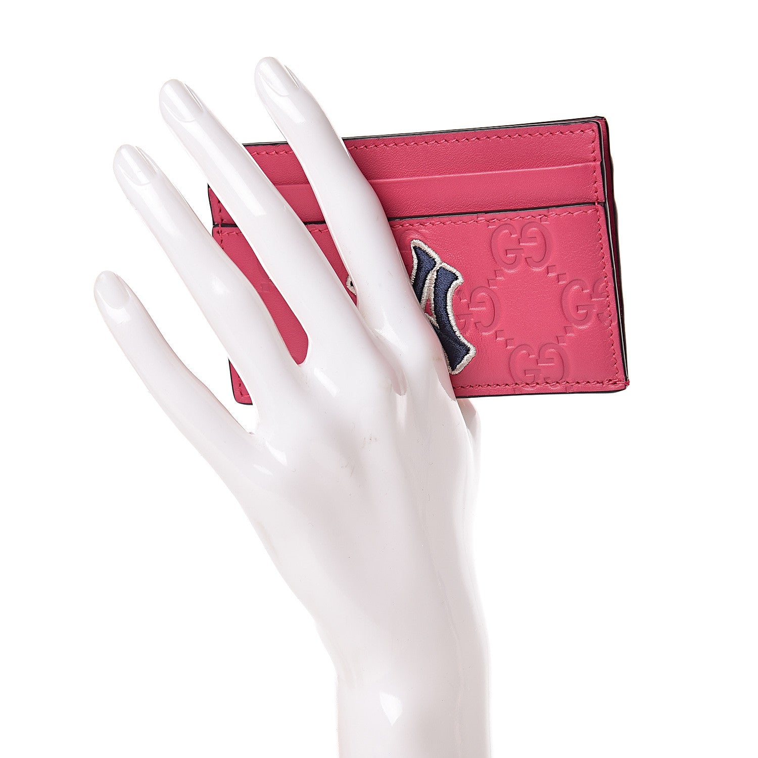 Gucci X MLB Guccissima Signature NY Yankees Embroidered Card Holder Box Pink Blue Ivory 2 of 8