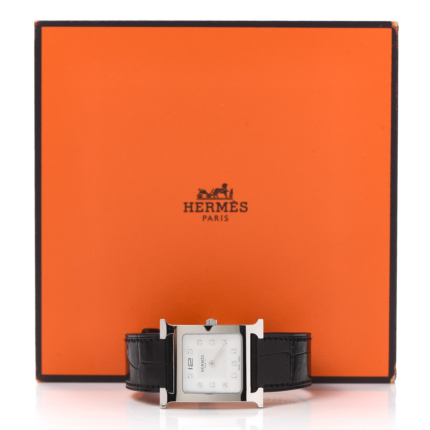 Hermes Stainless Steel Alligator Diamond Mother of Pearl 26mm Heure H Hour Quartz Watch Noir 5 of 5