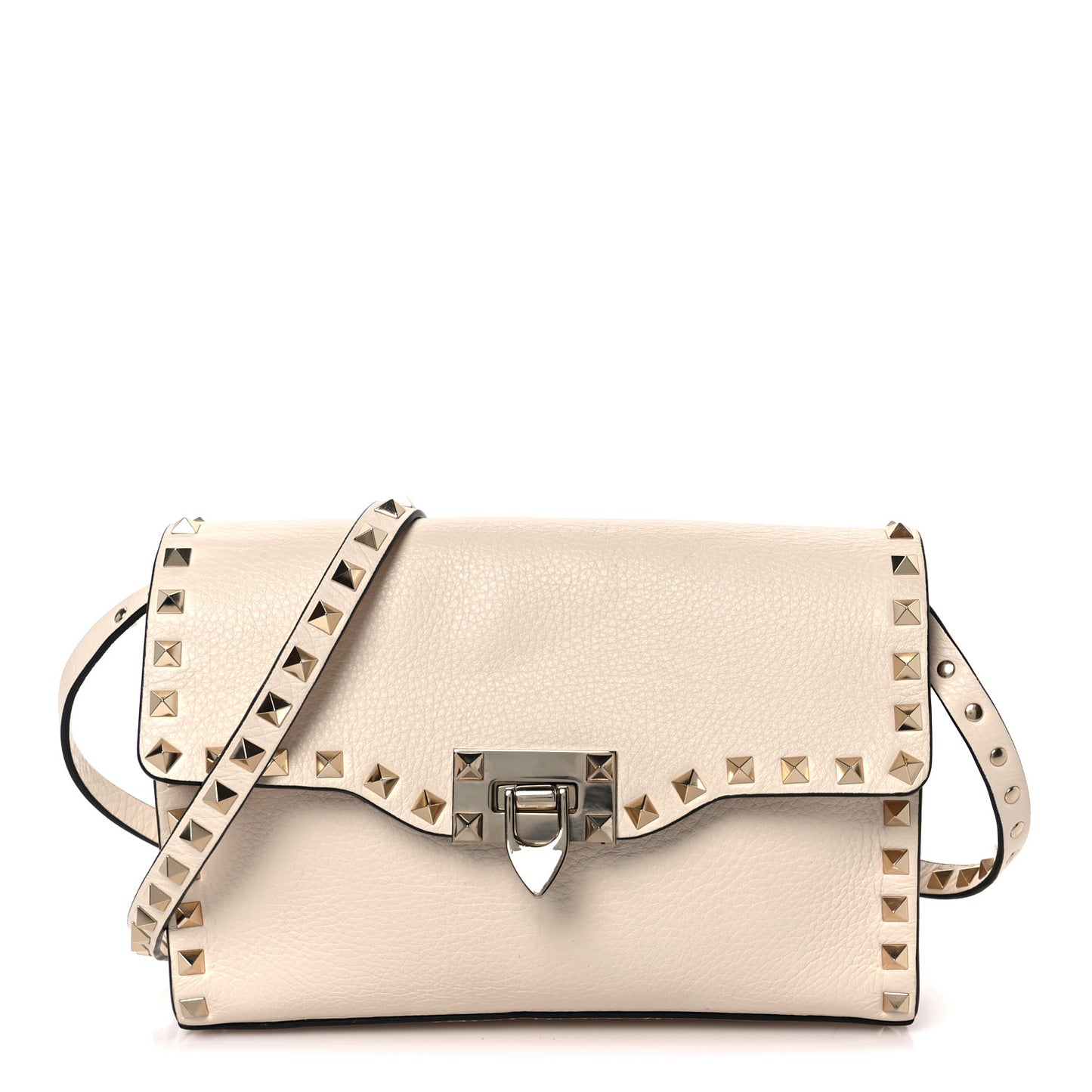Pebbled Calfskin Medium Rockstud Flip Lock Crossbody Bag Light Ivory