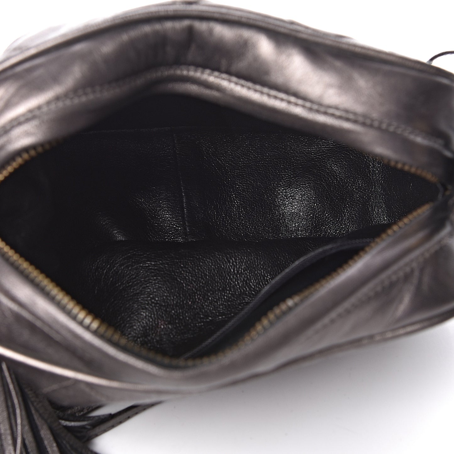 Metallic Lambskin Quilted Tassel Camera Case Dark Silver