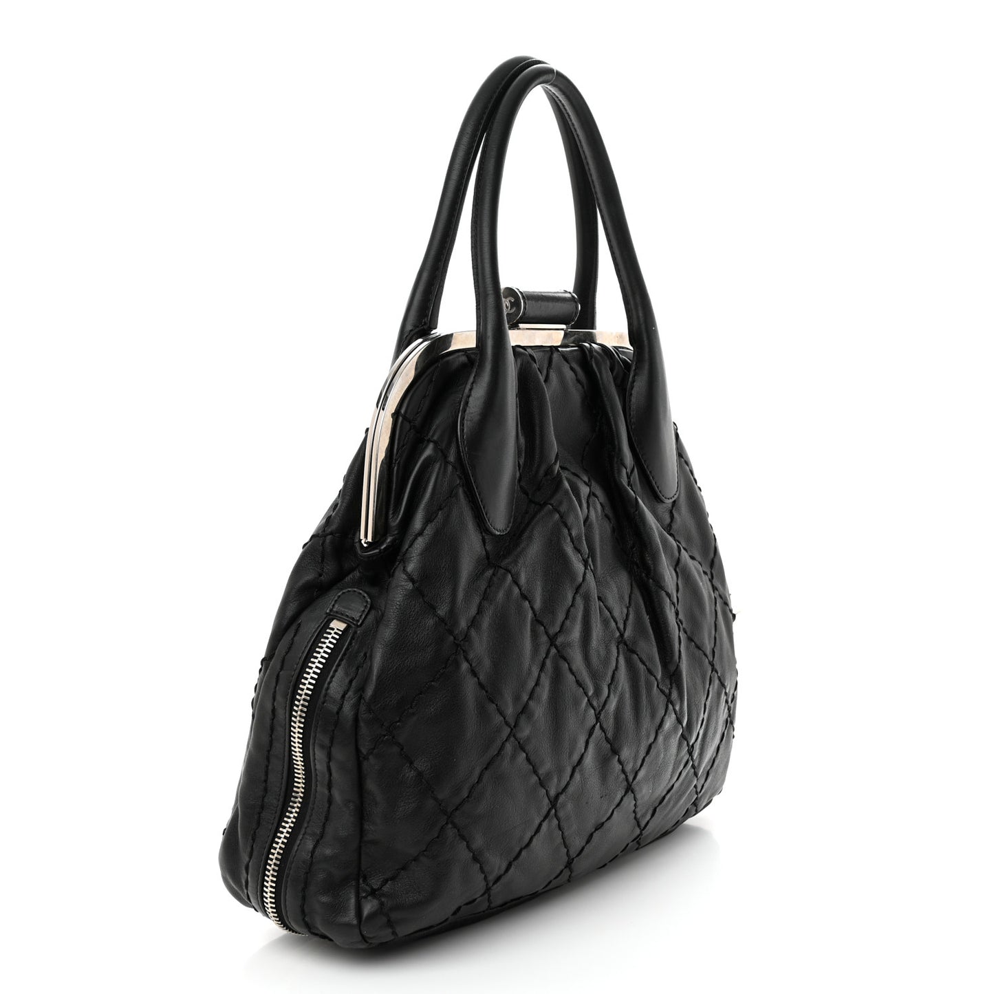 Calfskin Stitched Expandable Frame Bag Black