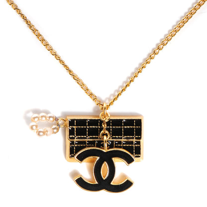 Chanel Pearl Enamel CC Flap Charm Necklace Black Gold 1 of 4