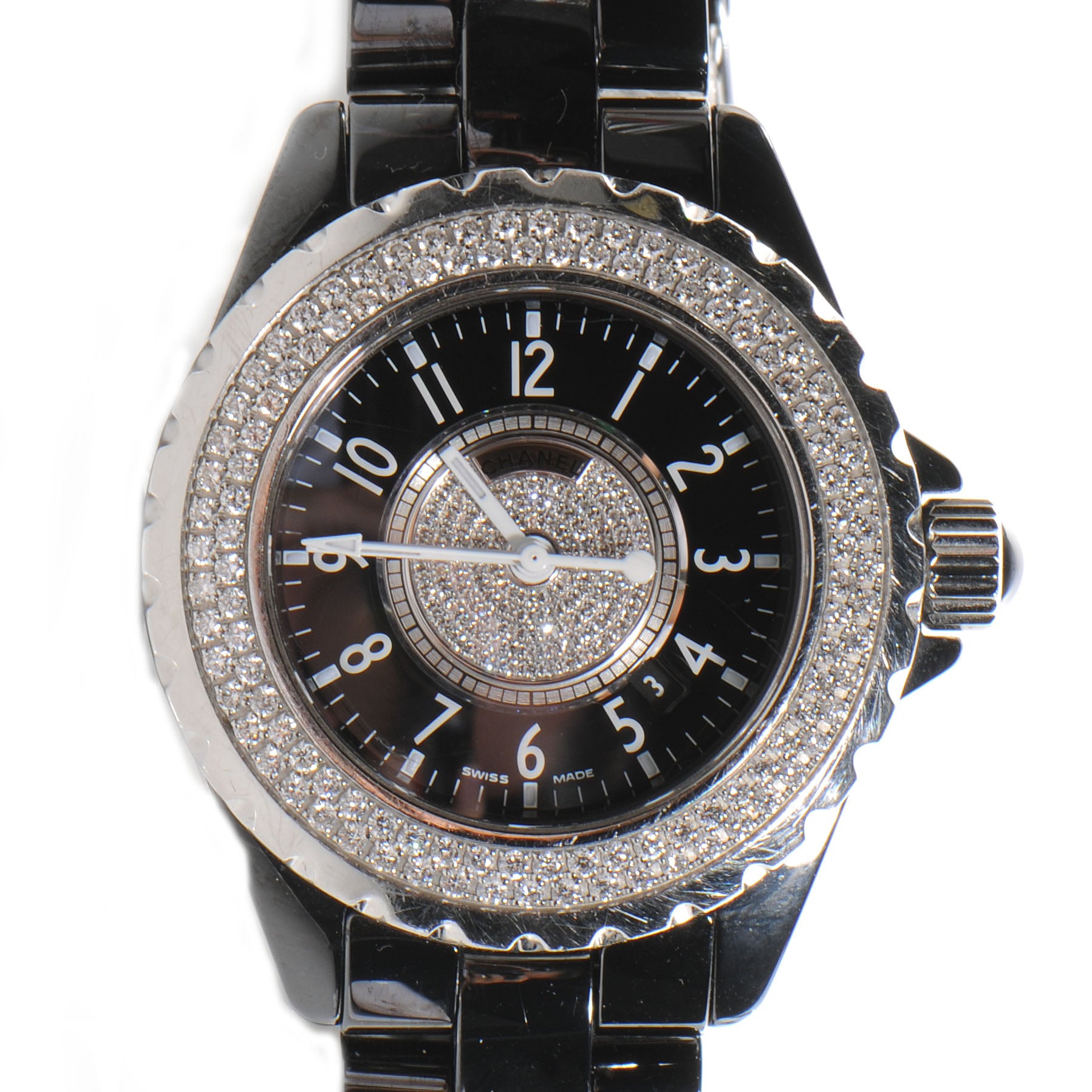 Chanel Stainless Steel Ceramic Diamond Pave Bezel Dial 33mm J12 Quartz Watch Black 1 of 8