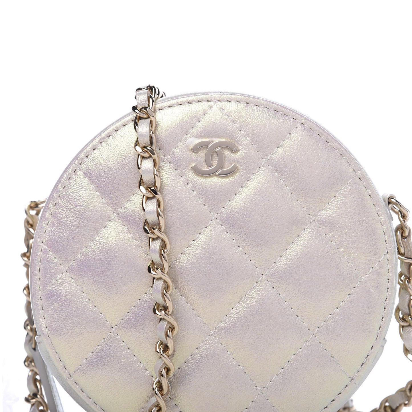 Iridescent Lambskin Quilted Round Clutch With Chain Ivory