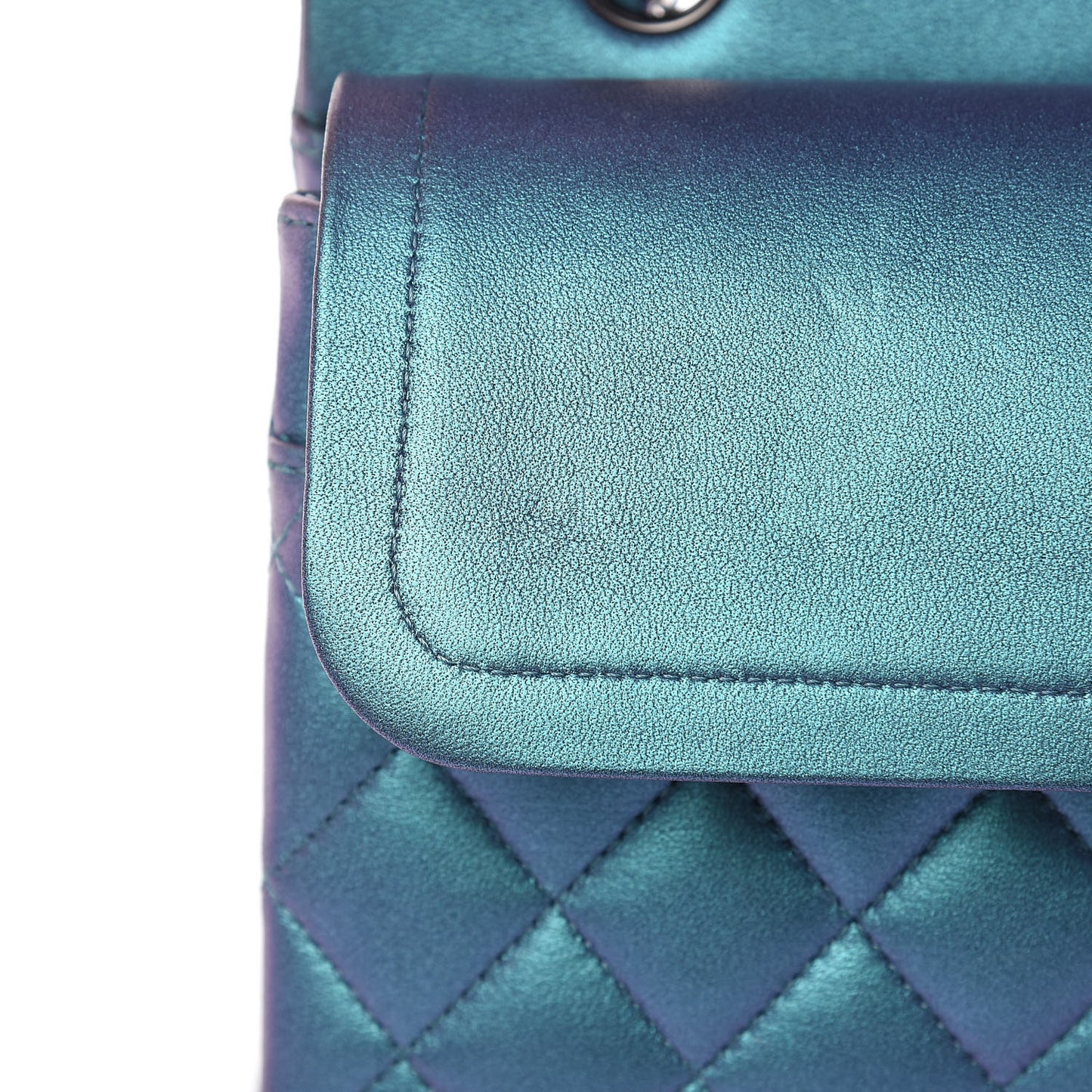 Metallic Lambskin Quilted Medium Double Flap Turquoise