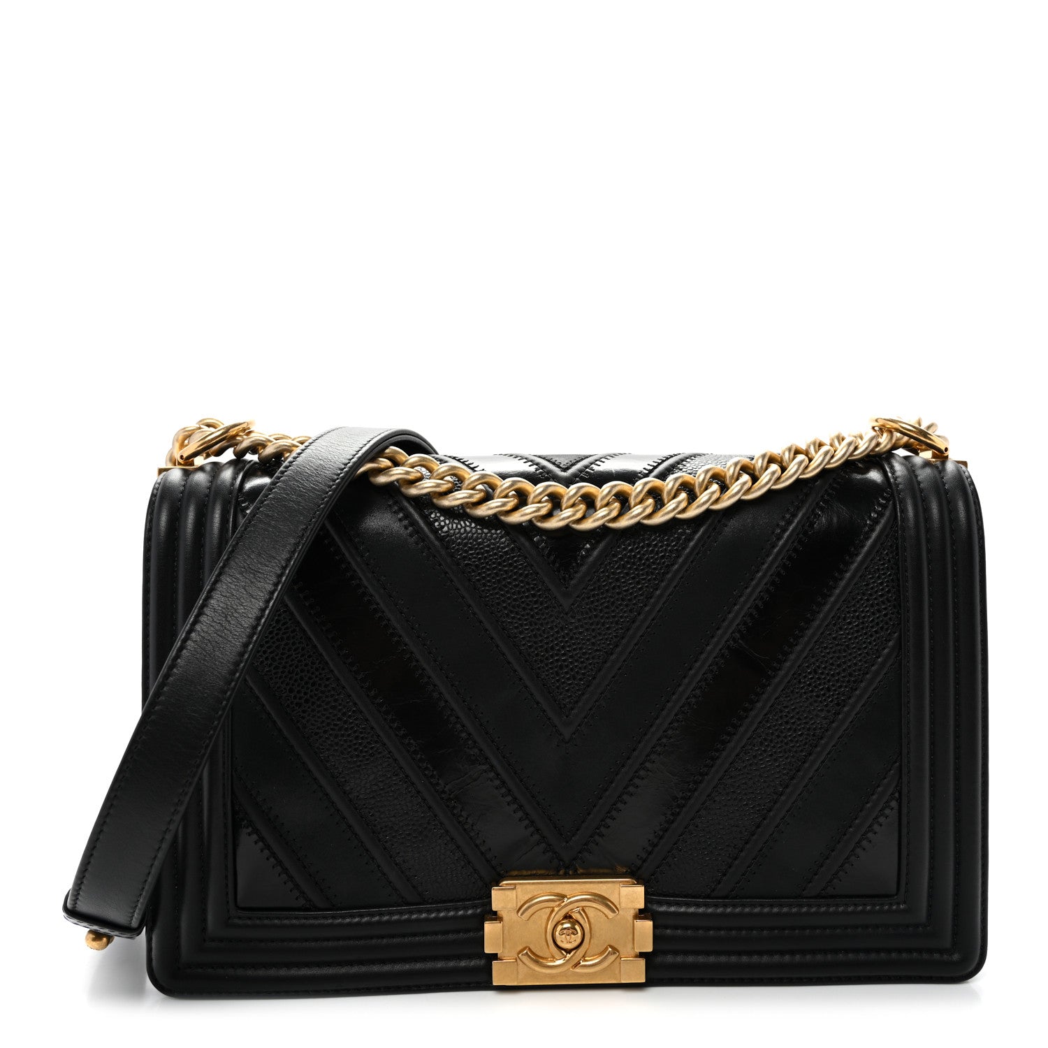 Chanel Calfskin Caviar Suede Chevron New Medium Boy Flap Black 1 of 11