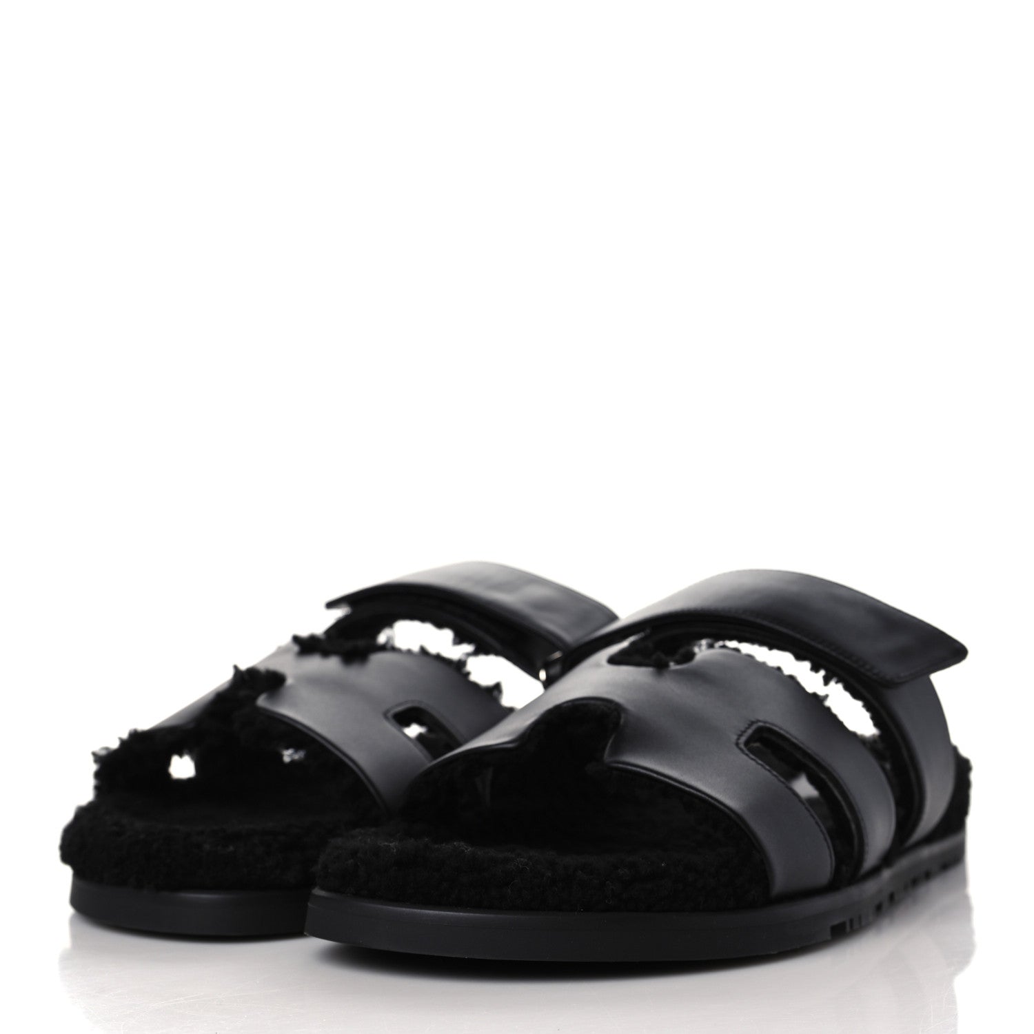 Hermes Calfskin Woolskin Mens Chypre Sandals 43 Black 3 of 8