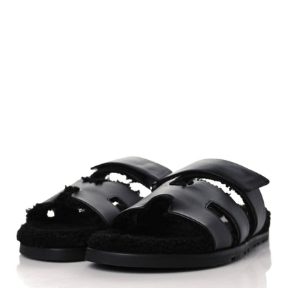 Hermes Calfskin Woolskin Mens Chypre Sandals 43 Black 3 of 8