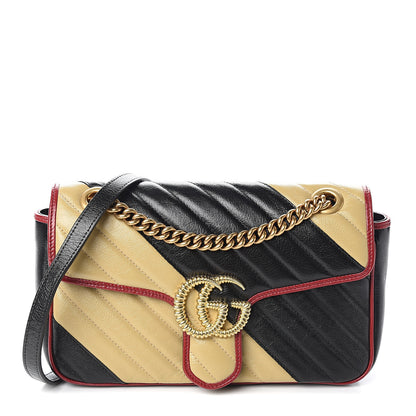 Gucci Vintage Effect Calfskin Matelasse Diagonal Striped Small Torchon GG Marmont Shoulder Bag Black Beige 1 of 9