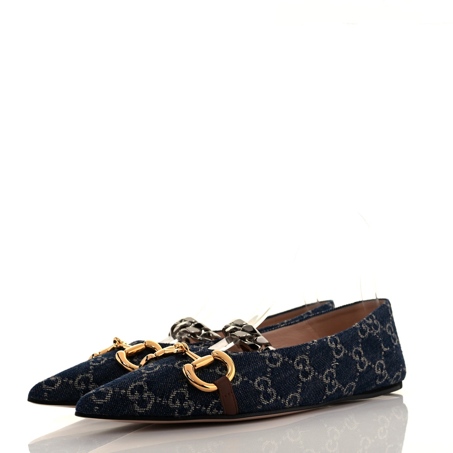 New Denim GG Monogram Nappa Deva Horsebit Chain Embellished Flats 37.5 Blue Tea Cuir Epilog