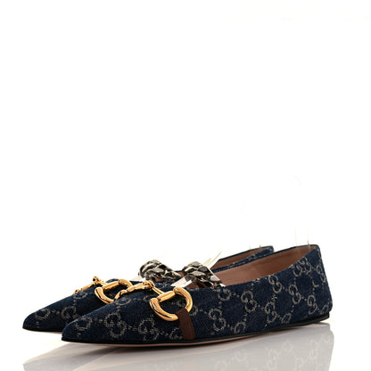 Gucci New Denim GG Monogram Nappa Deva Horsebit Chain Embellished Flats 37.5 Blue Tea Cuir Epilog 3 of 8