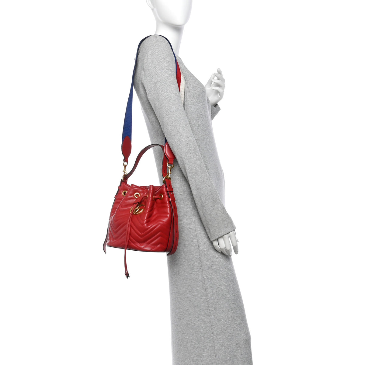 Calfskin Matelasse Sylvie Web GG Marmont Bucket Bag Hibiscus Red