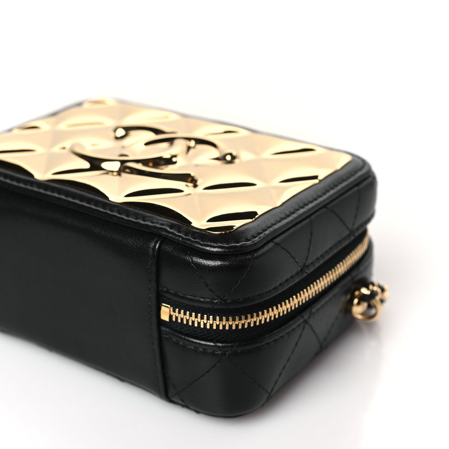 Lambskin Metal Quilted Mini Vanity Case With Chain Black Gold