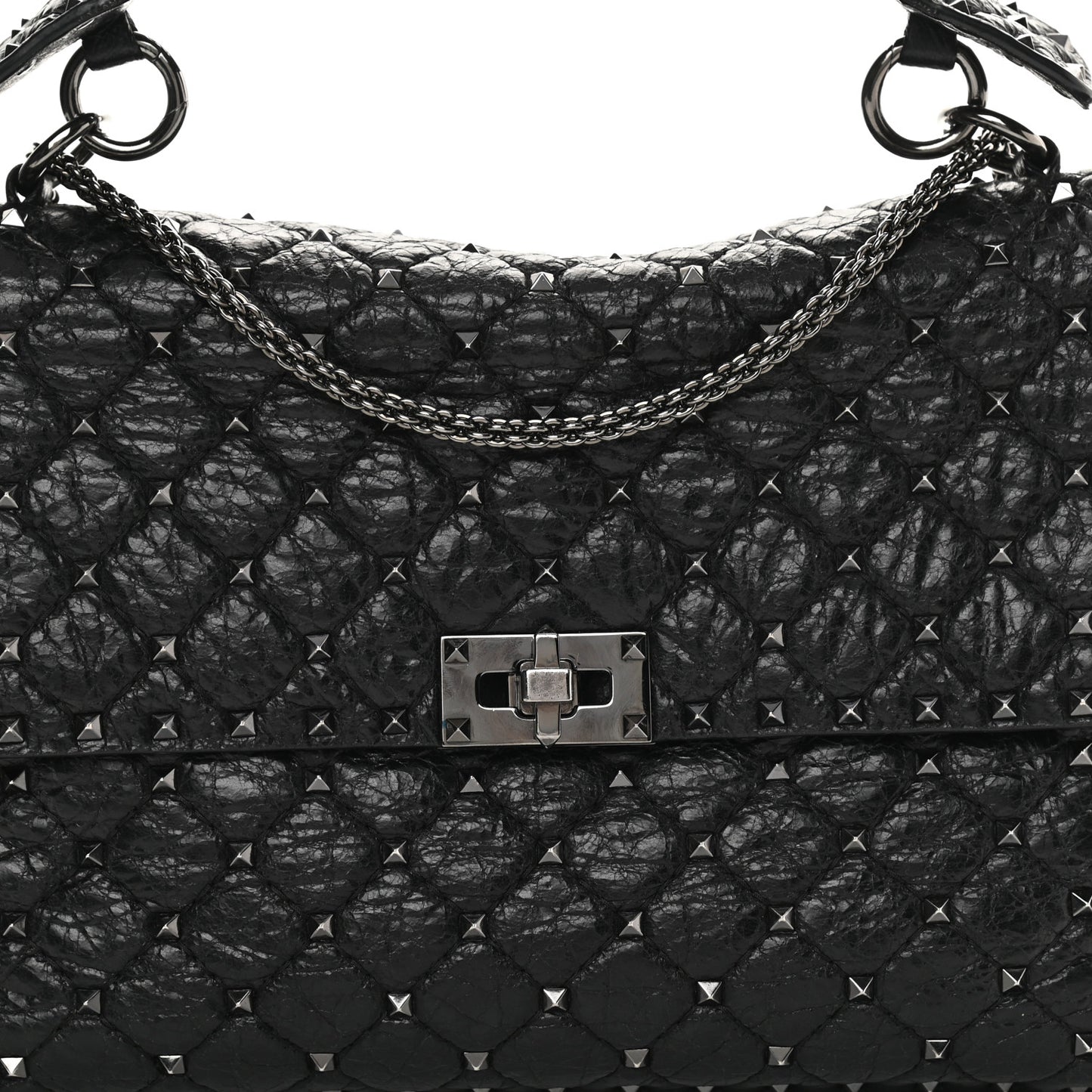 Craquele Nappa Large Rockstud Spike Shoulder Bag Black