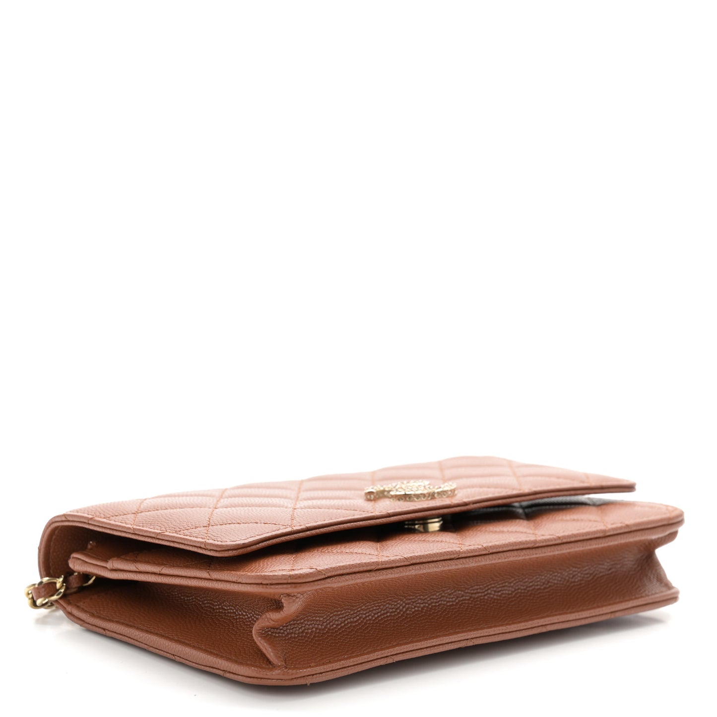 Shiny Caviar Quilted Strass Wallet On Chain WOC Light Brown